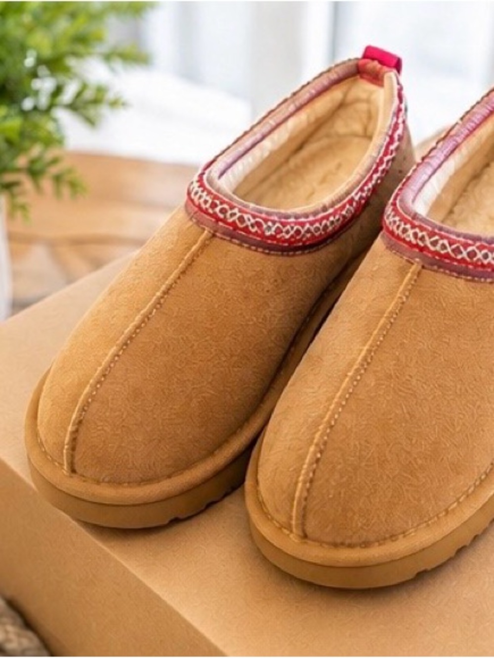 Cozy Brand New  Tan Slip-On Moccasin Slippers with Red Trim